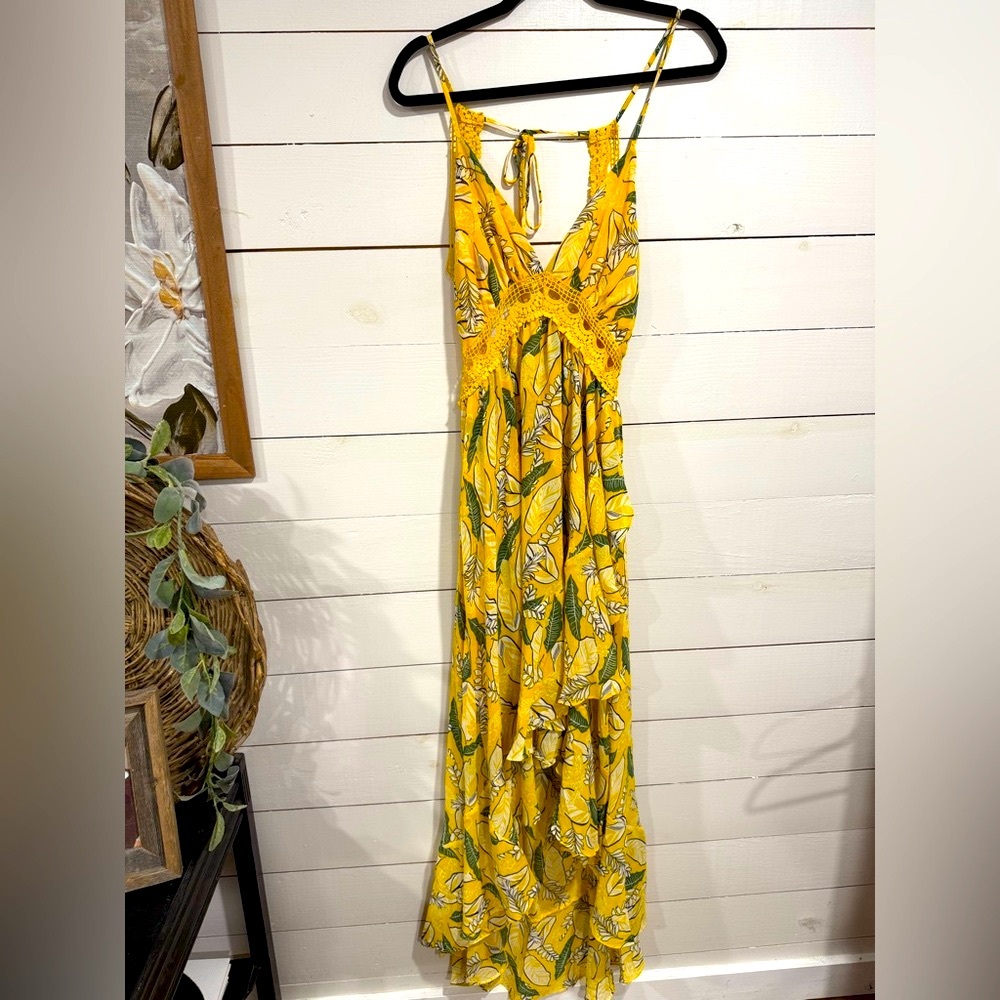 Yellow Floral Crochet Halter Dress